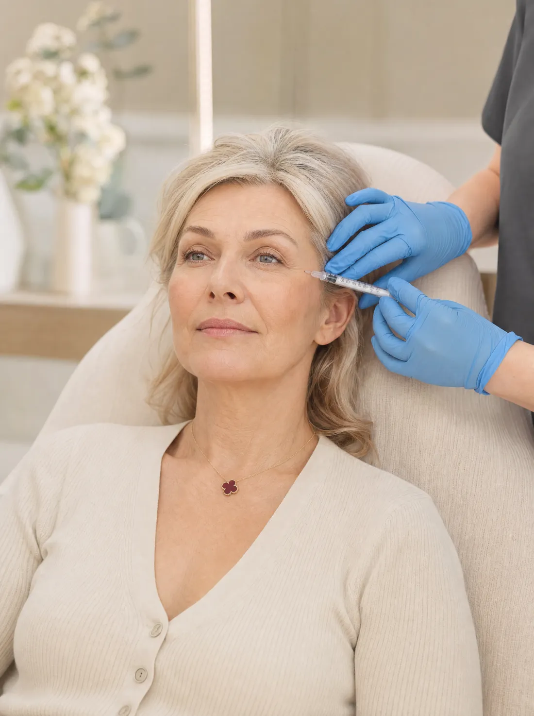 An aesthetic nurse injector assessing the upper face before a measured neuromodulator treatment.