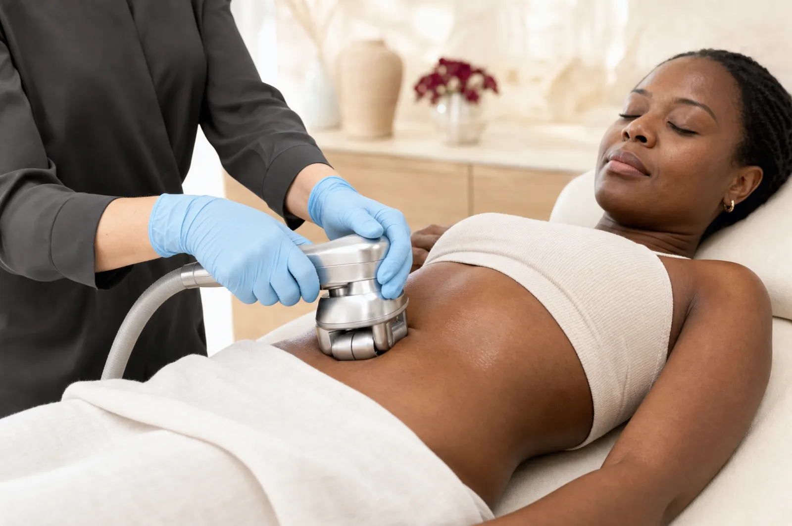 Aesthetic nurse injector assessing fullness under the chin during a consultation.