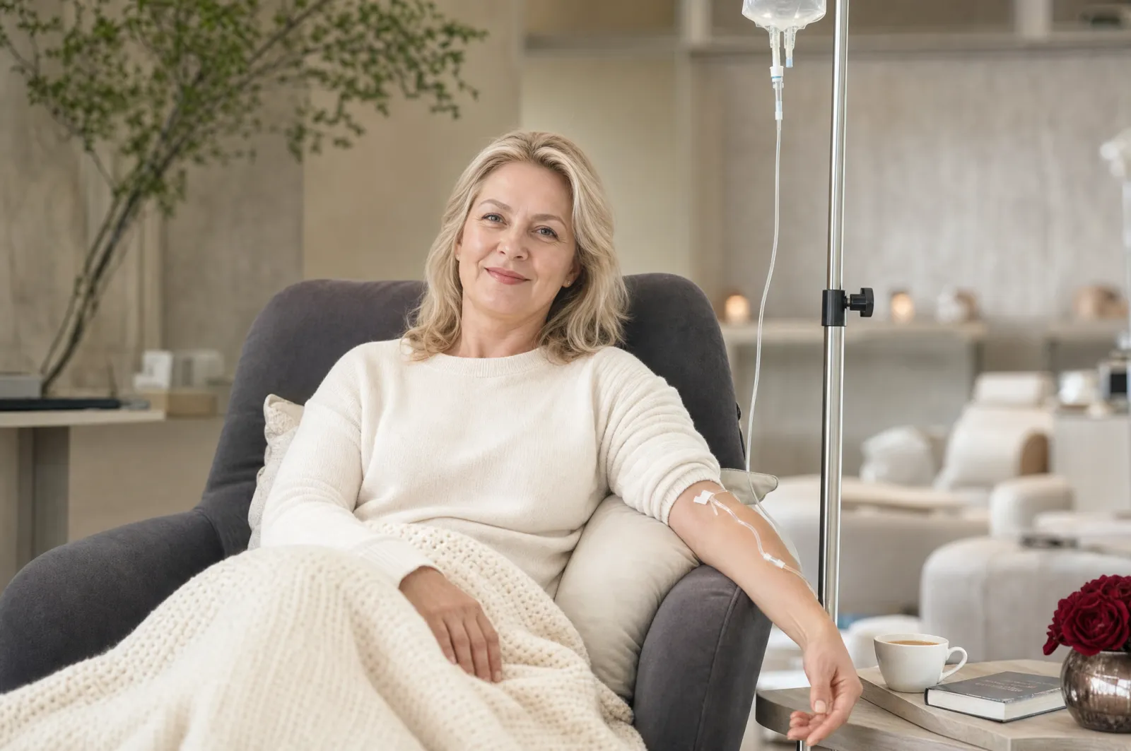 An intravenous wellness drip being prepared in a calm clinical setting.