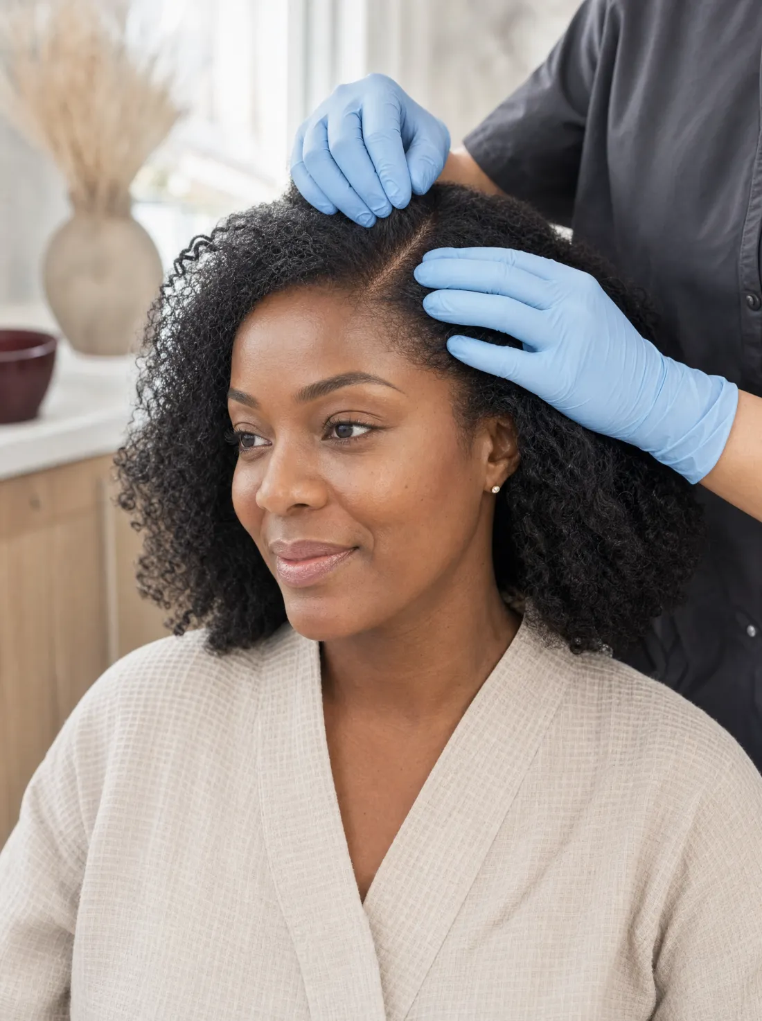 Close detail of healthy hair and scalp during a mesotherapy treatment.