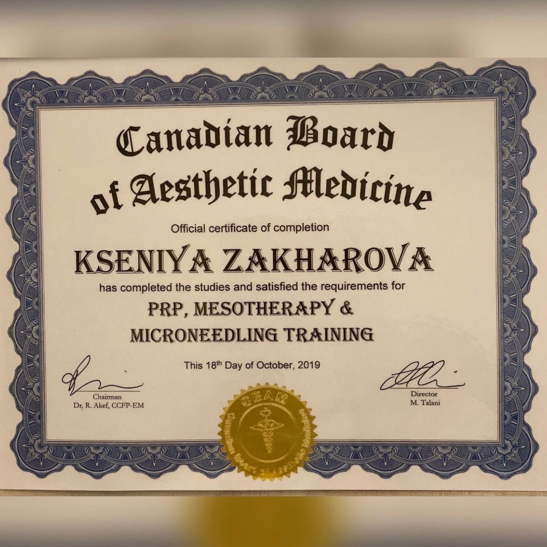 Canadian Board of Aesthetic Medicine certificate of completion issued to Kseniya Zakharova